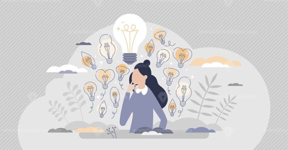 Gather ideas female as creativity and brainstorm results tiny person concept