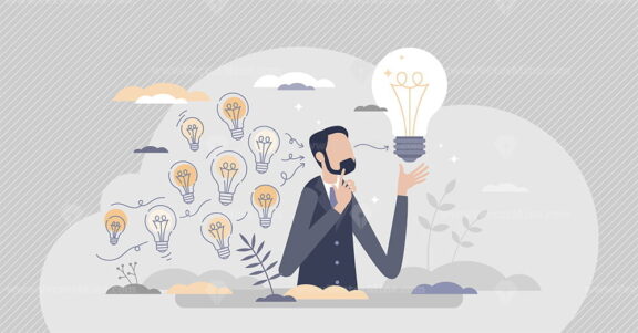 Gather ideas ad choose best from many after brainstorm tiny person concept