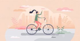 Girl riding bike as urban cycling transportation scene tiny person concept
