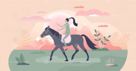 Girl riding horse as equestrian outdoors ride activity tiny person concept