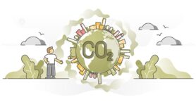 Global emissions as CO2 carbon dioxide smoke around planet outline concept