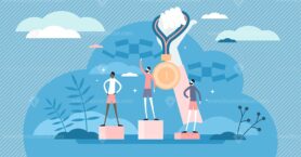Gold medal competition award concept, flat tiny person vector illustration