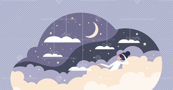 Good sleep scene with sweet dreams between clouds in sky tiny person concept