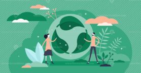 Green leaf recycle symbol vector illustration in flat tiny persons concept