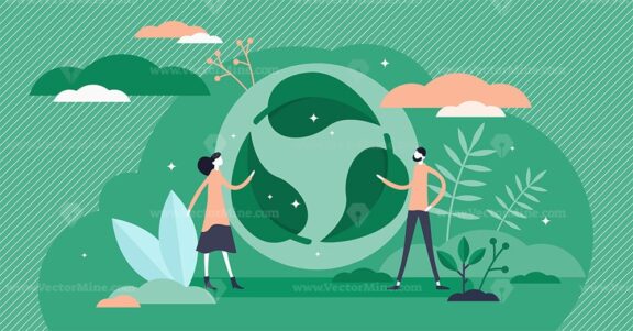 Green leaf recycle symbol vector illustration in flat tiny persons concept