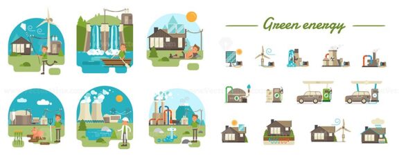 Scenes with Main Green Energy Types and Illustrated Icons
