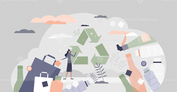 Green packaging as household plastic items recycling tiny person concept