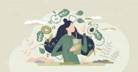 Green smoothie as healthy diet cocktail for slimming tiny person concept