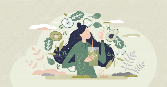 Green smoothie as healthy diet cocktail for slimming tiny person concept