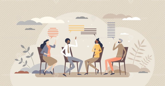 Group therapy as psychologist session with conversation tiny person concept
