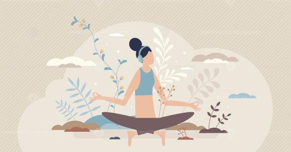 Guided meditation and yoga activity using headphones tiny person concept