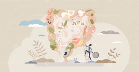 Gut health and healthy food consumption with eating diet tiny person concept