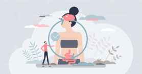 Gut brain connection and mental body digestive regulation tiny person concept