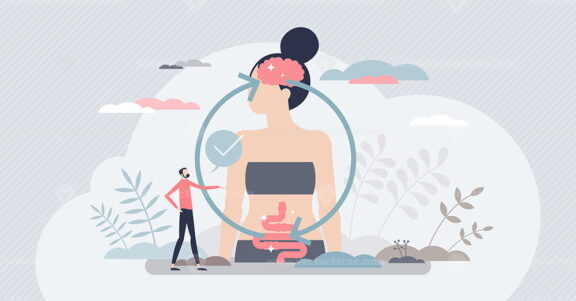 Gut brain connection and mental body digestive regulation tiny person concept