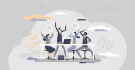 HR Happy employees as cheerful friday mood in work office tiny person concept