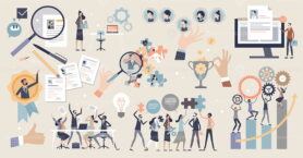 HR human resources elements with work hiring and job career tiny person set