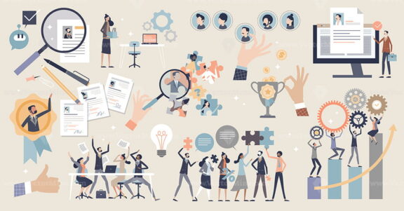 HR human resources elements with work hiring and job career tiny person set