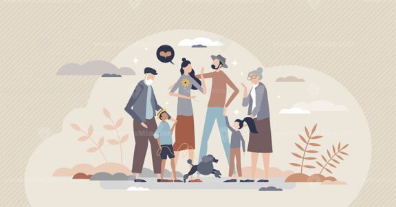Happy family as joy moment with all relatives together tiny person concept