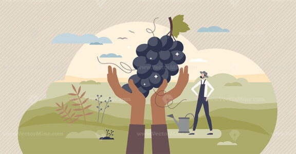 Harvesting season scene with farmer and organic fruits tiny person concept