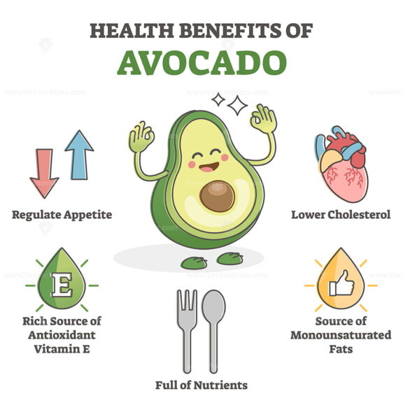 Health benefits of avocado eating as nutrient value scheme outline diagram