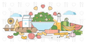 Healthy food balance, outline concept vector illustration