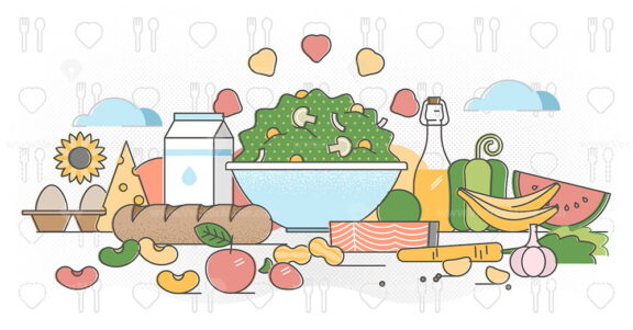 Healthy food balance, outline concept vector illustration