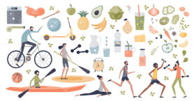 Healthy lifestyle with daily fitness workout and diet habits tiny person set