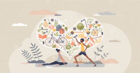 Healthy habits lifestyle as diet eating and active sport tiny person concept
