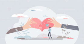Helping together and care as connected two heart pieces tiny person concept
