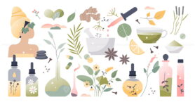 Herbal medicine and alternative homeopathy collection set tiny person concept