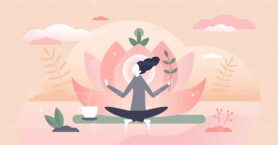 Holistic healing self treatment with peaceful mediation tiny person concept