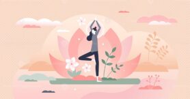 Holistic healing tree pose as calm mind mediation therapy tiny person concept