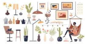 Home decor collection with interior design elements set tiny person concept