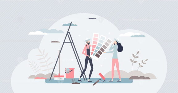 Home renovation as DIY with wall painting color choice tiny person concept