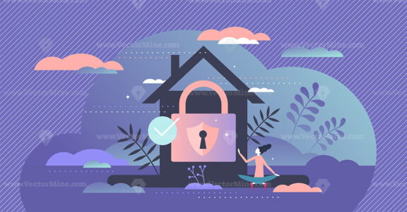 Home security care with lock, shield and alarm for peace tiny person concept