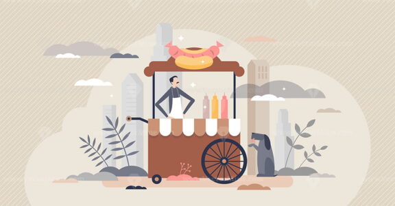 Hot dog stand and urban street food cart with junk meal tiny person concept