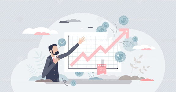 Income growth presentation and showing financial stats tiny person concept