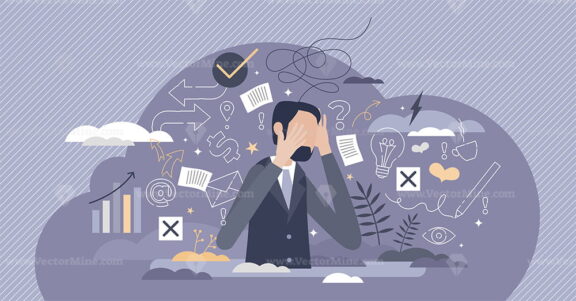 Information overload or job burnout with stress and chaos tiny person concept
