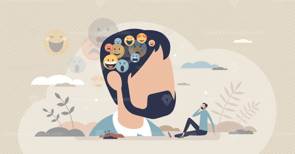 Inner voice as different emotion and feeling reflections tiny person concept