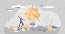 Inspiration or creative idea as crumpled paper light bulb tiny person concept