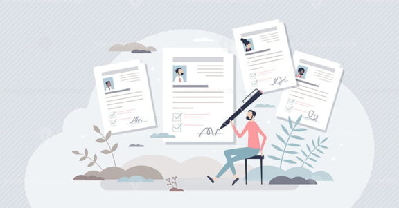 Job application or employment resume research for vacancy tiny person concept