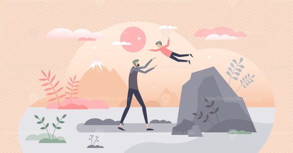 Kid trusting with catch and fall game as symbolic safety tiny person concept