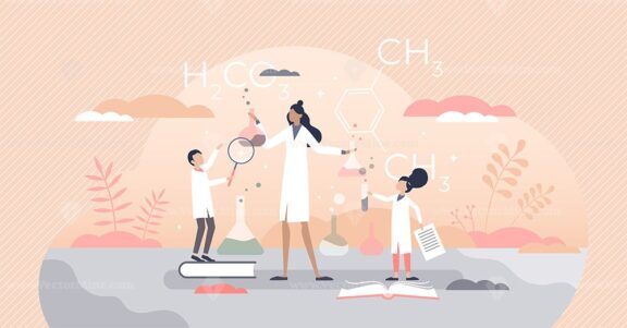 Kids science scene with chemistry teacher in laboratory tiny person concept