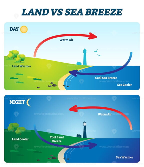 Land vs sea breeze vector illustration