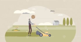 Lawn care and cut green grass with lawnmower ir garden tiny person concept