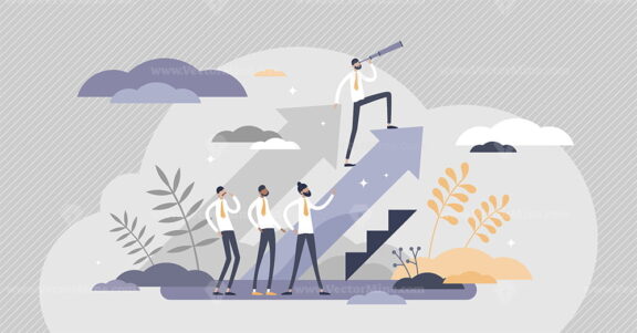 Leadership vision and teamwork strategy for success in tiny persons concept