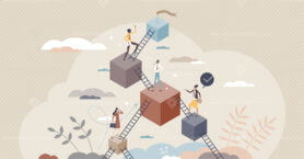 Leveling up and career development with progress stairs tiny person concept