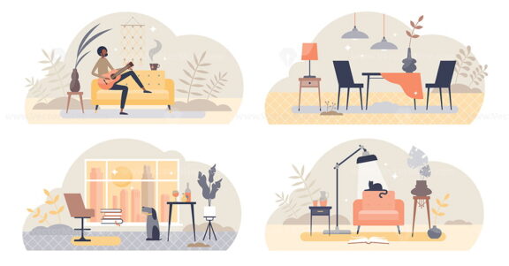 Living room elements and objects with interior view tiny persons concept