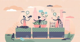 Local food market with bio products tiny persons concept vector illustration