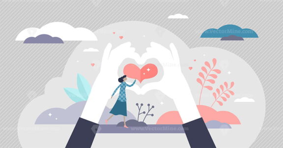Love shape fingers sign, flat tiny person vector illustration
